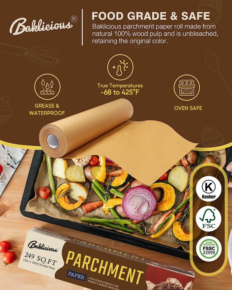 BAKLICIOUS Unbleached Parchment Paper Roll for Baking, 13 in x 242 Ft, 249 Sq.Ft, Baklicious Non-stick Baking Parchment Paper for Baking, Cookies, Bread, Oven, Air Fryer, Steamer, Baking paper - Image 3